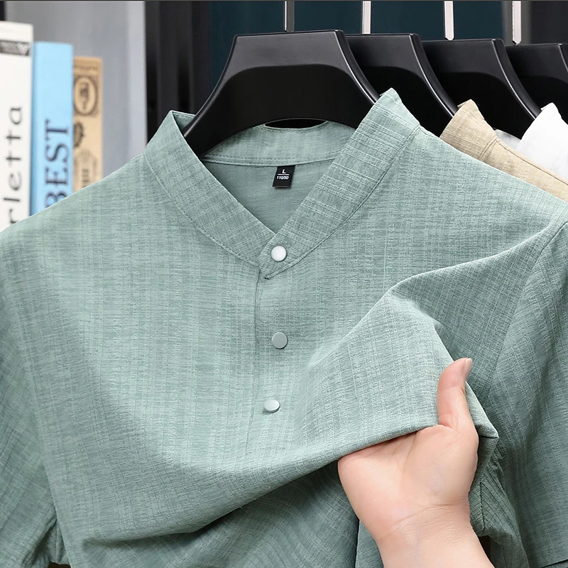Home Textiles - 여름 스탠드 칼라 하프 버튼 남성