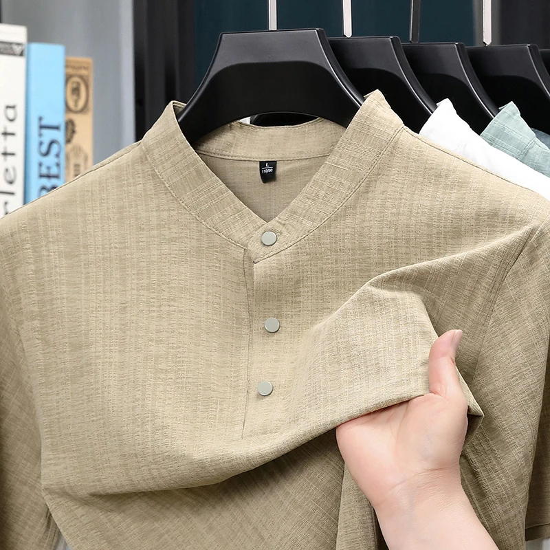 여름 스탠드 칼라 하프 버튼 남성 셔츠 가벼운 텍스타일 - Home Textiles 리뷰 및 가격
