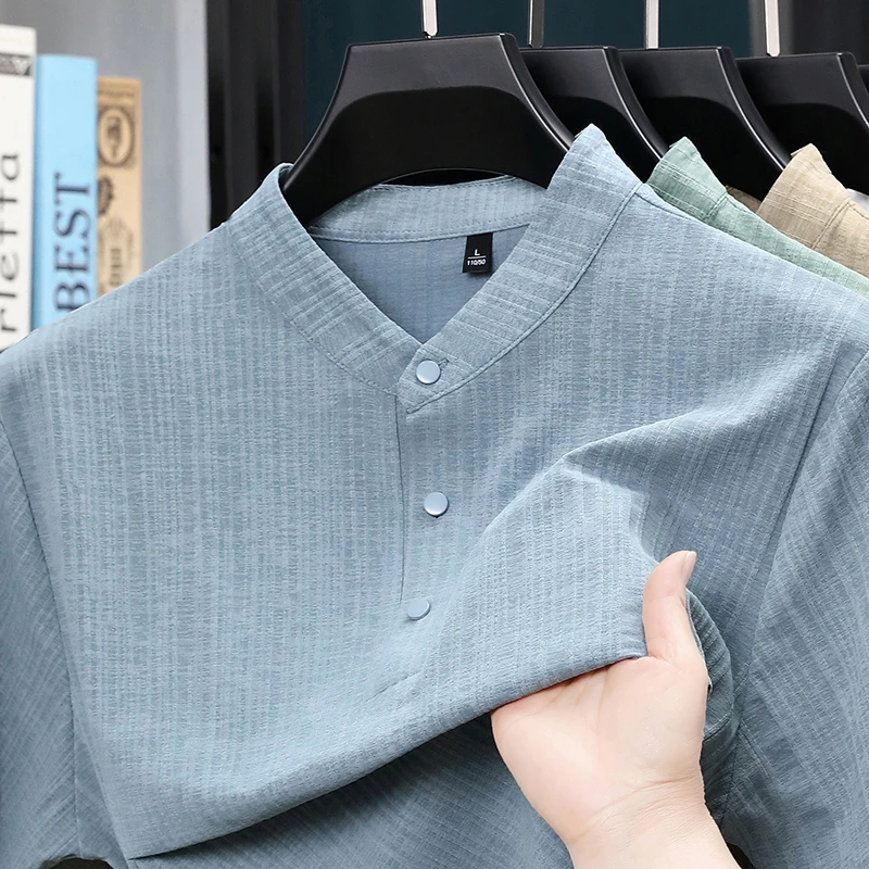 여름 스탠드 칼라 하프 버튼 남성 셔츠 가벼운 텍스타일 - Home Textiles 리뷰 및 가격