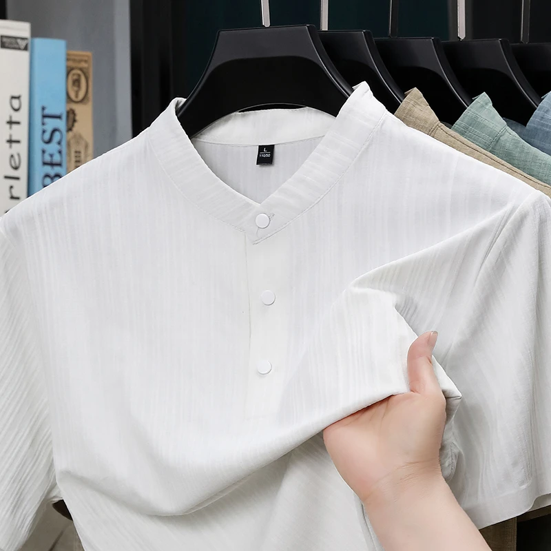 여름 스탠드 칼라 하프 버튼 남성 셔츠 가벼운 텍스타일 - Home Textiles 리뷰 및 가격