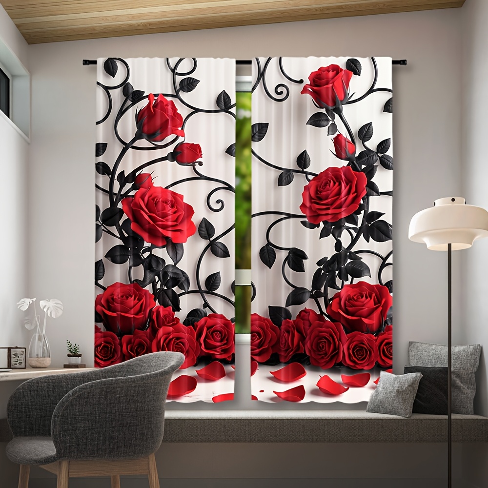 럭셔리 레드 로즈 꽃무늬 커튼 드레이프 블랙 고딕 프린 - Home Textiles Luxury Curtains 리뷰 및 가격