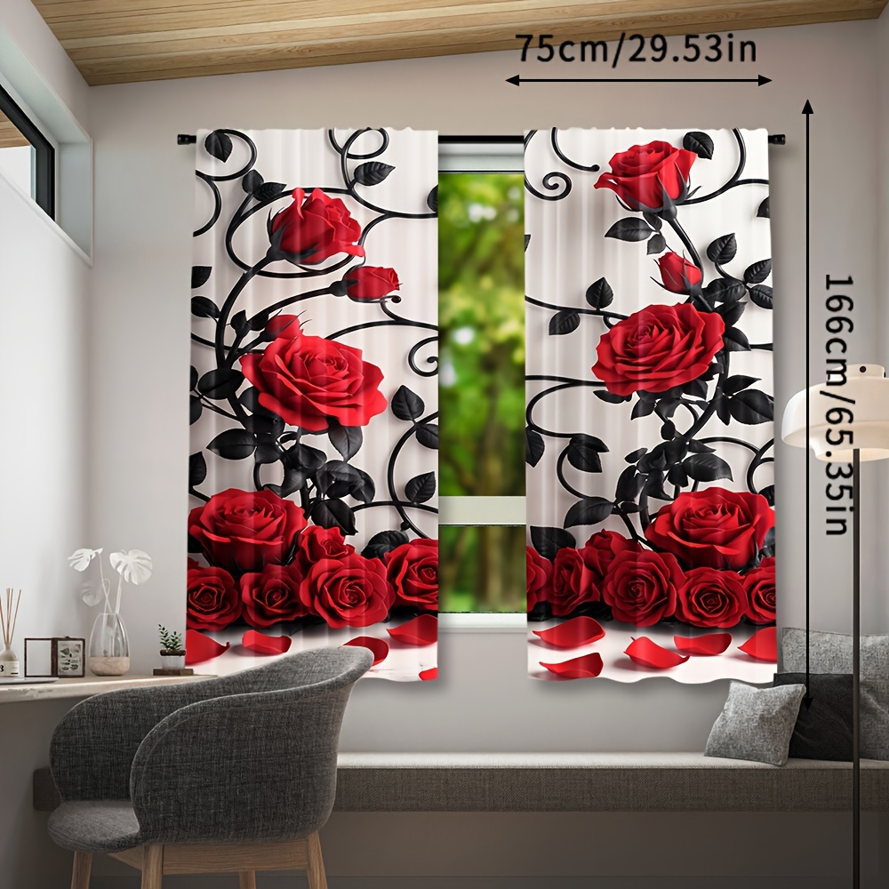 럭셔리 레드 로즈 꽃무늬 커튼 드레이프 블랙 고딕 프린 - Home Textiles Luxury Curtains 리뷰 및 가격