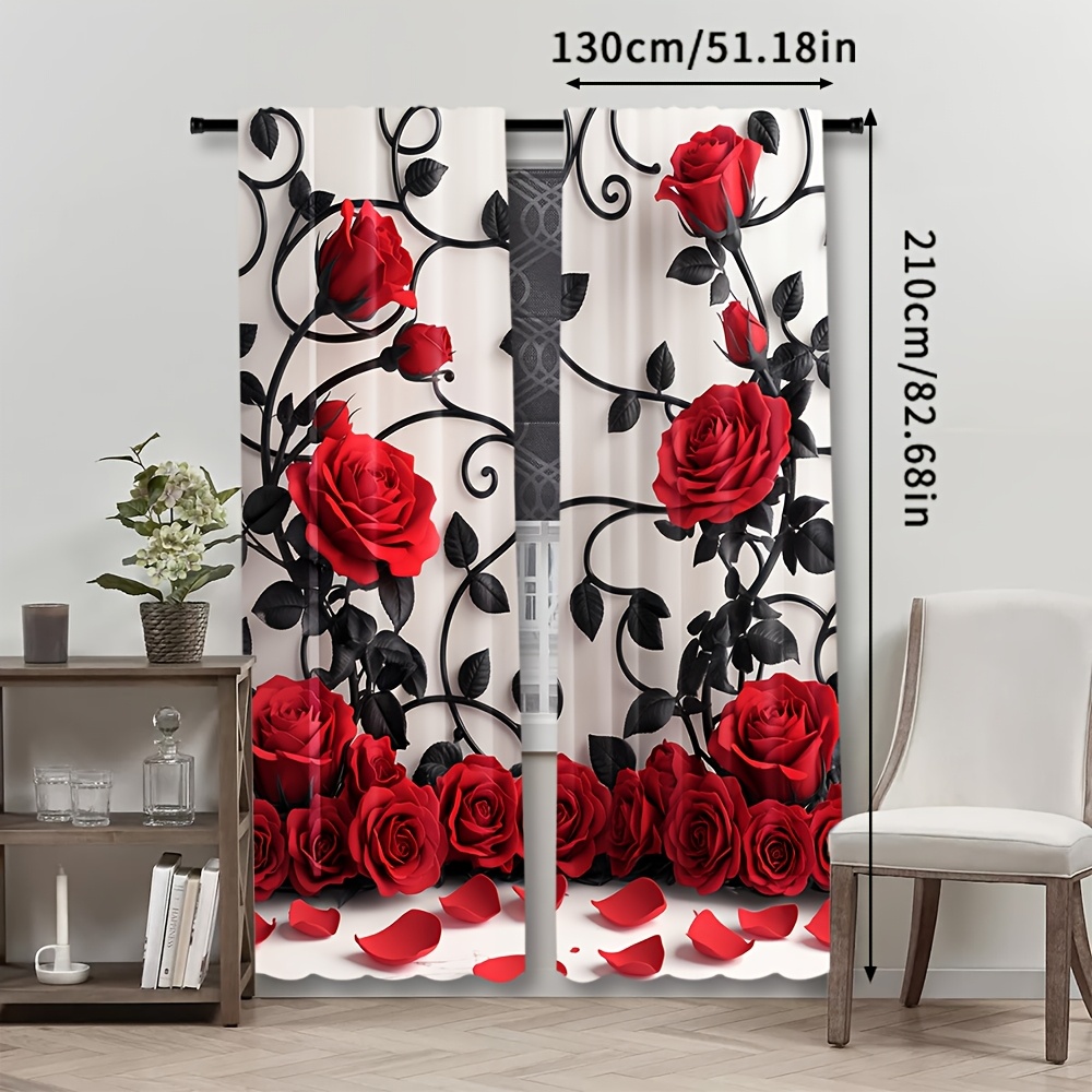 럭셔리 레드 로즈 꽃무늬 커튼 드레이프 블랙 고딕 프린 - Home Textiles Luxury Curtains 리뷰 및 가격