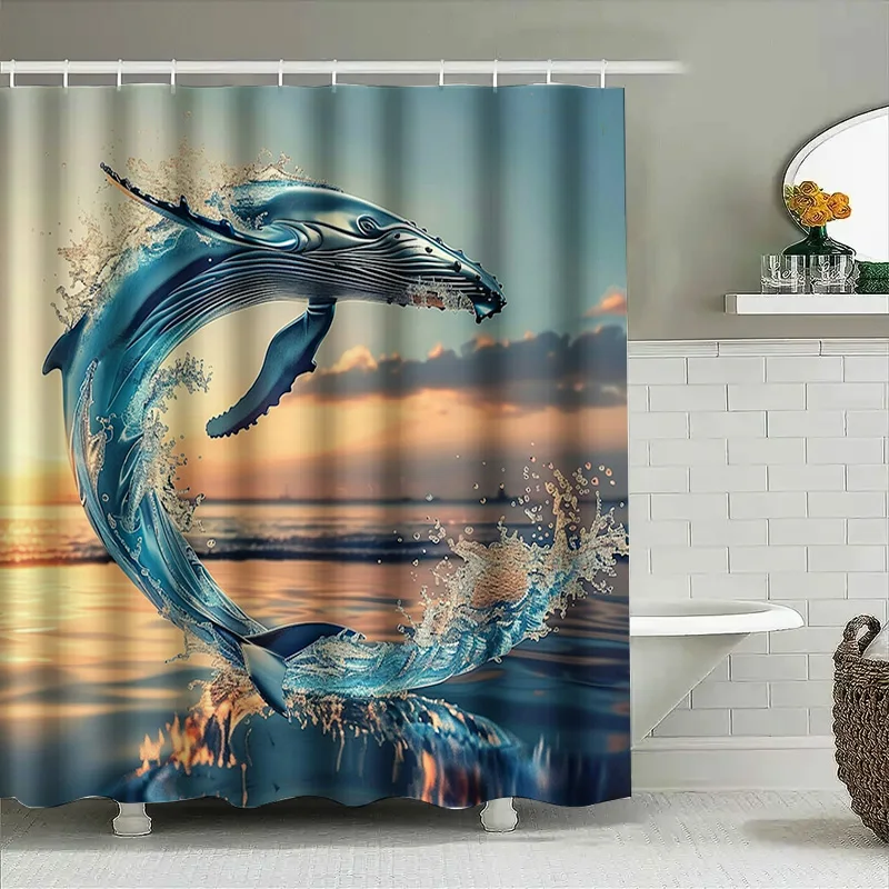 푸른 고래 인쇄 샤워 커튼 방수 목욕 장식 욕실 럭셔리 - Home Textiles Luxury Curtains 리뷰 및 가격